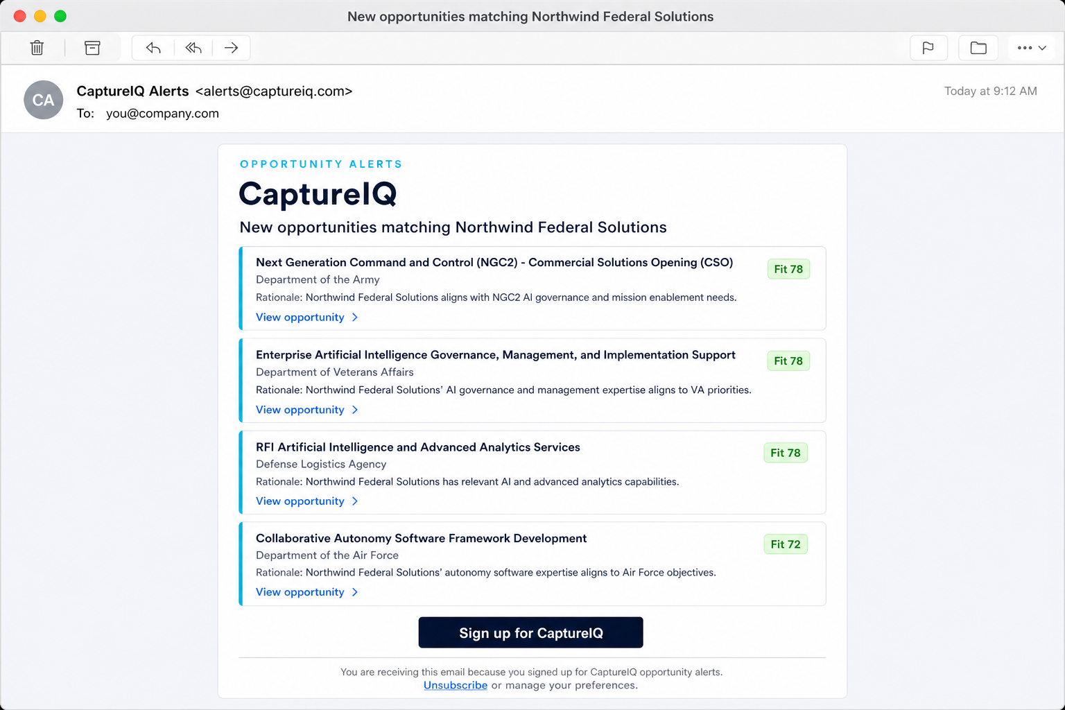 Sample CaptureIQ Opportunity Alerts email showing matched federal opportunities with fit scores